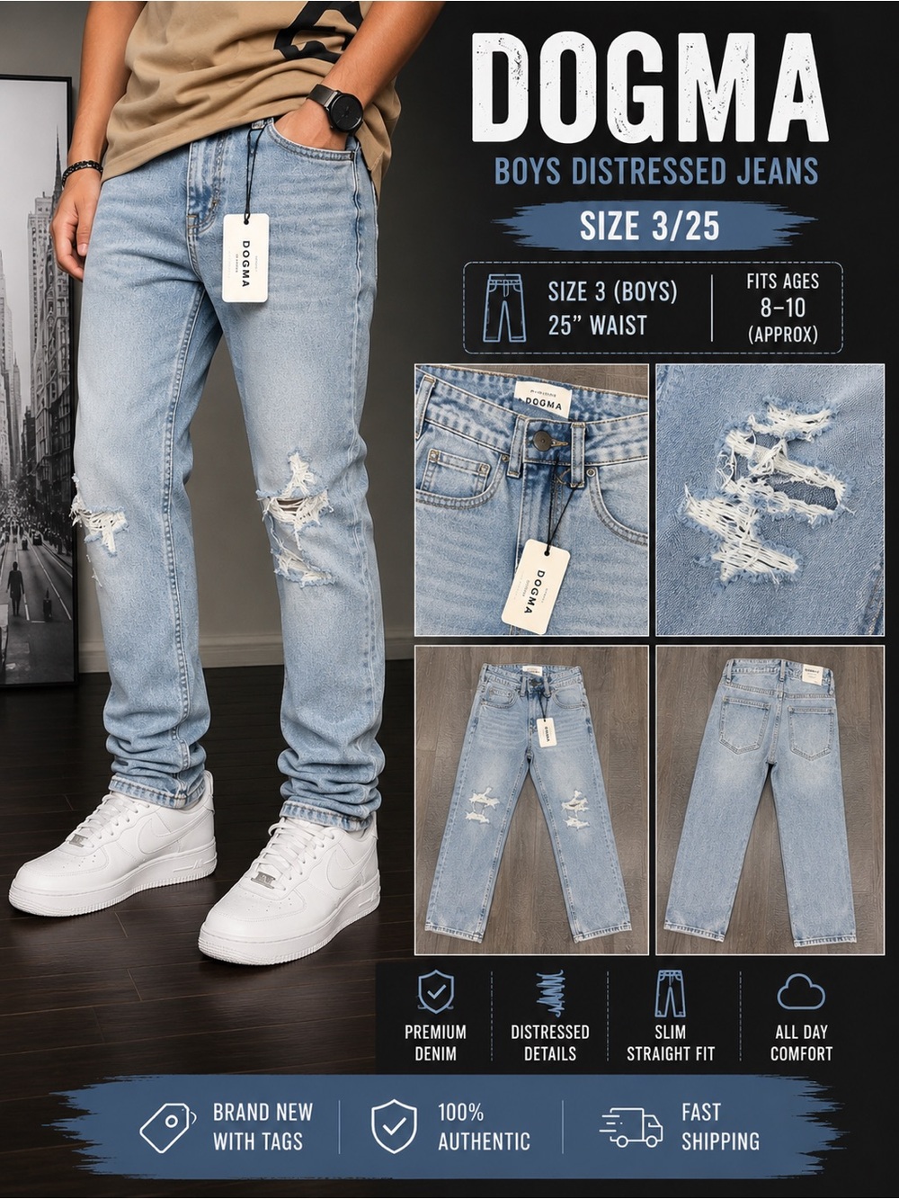 Boys Light Blue Distressed Slim Straight Jeans